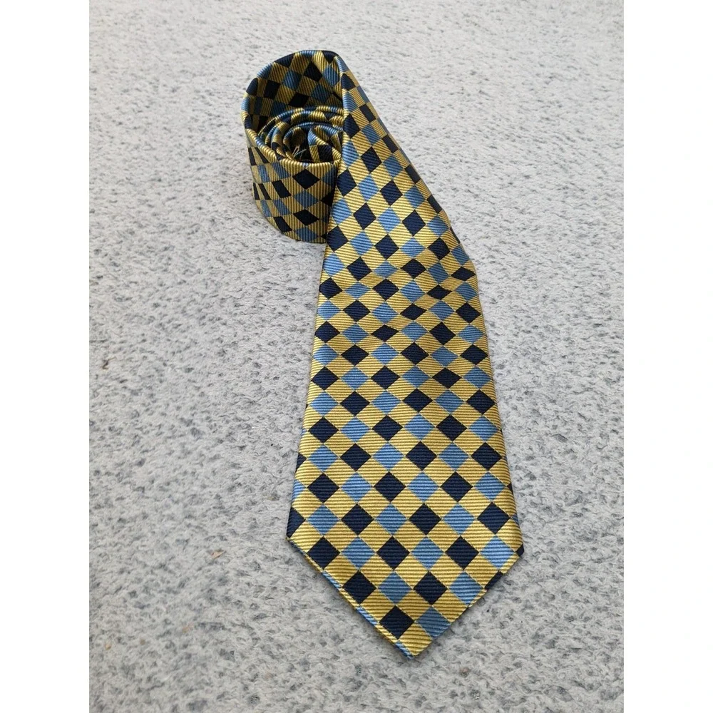 Brooks Basics Silk Tie Repp Style Diamond Geometric Blue & Gold USA Preppy Ivy